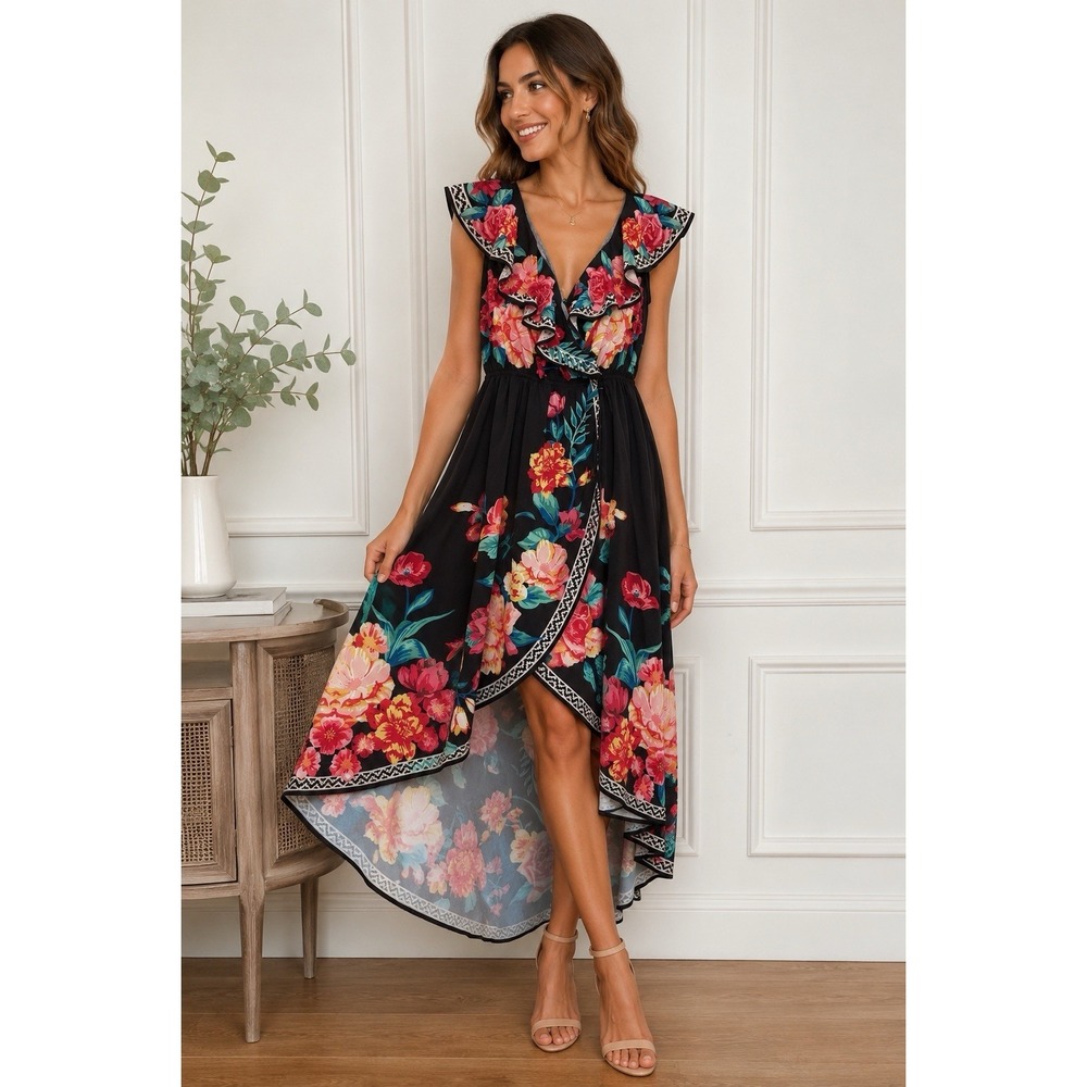 Flying Tomato Floral Ruffle Wrap Midi Dress Black Multicolor Boho Size S